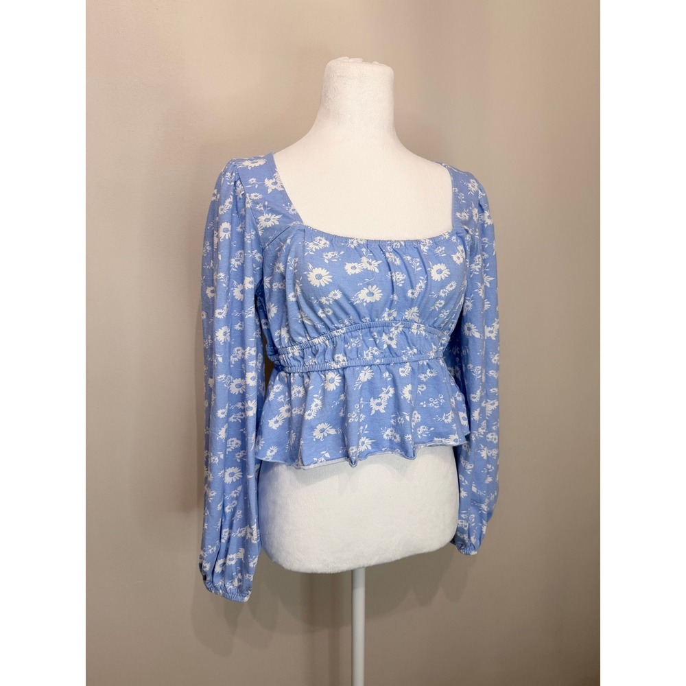 Cute Blue Floral Square Neck Peplum Top - Size 12 - L